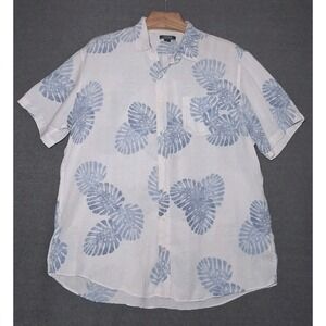 Lands End Traditional Fit Men's Linen Button Down Shirt XL/T White Blue Leaves